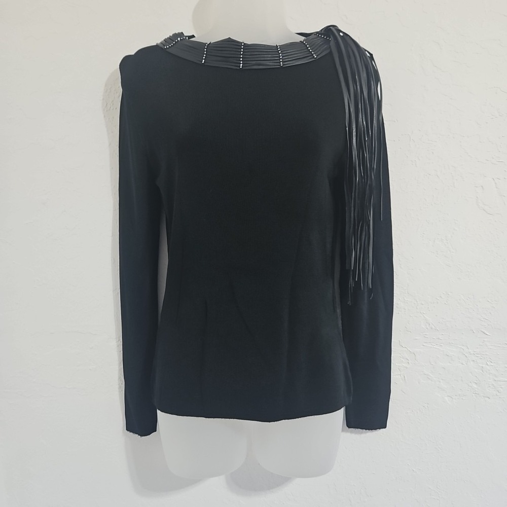 Forwear New York Black Stretch Long Sleeve Blouse Fringe Bling Sz Small Gothic